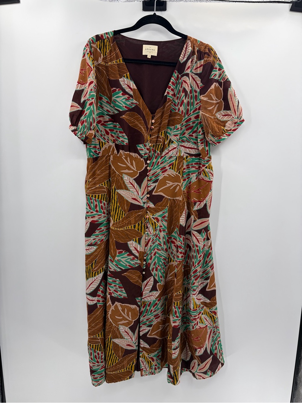Sézane Silk Brown Multi Leaf-Print Midi Dress